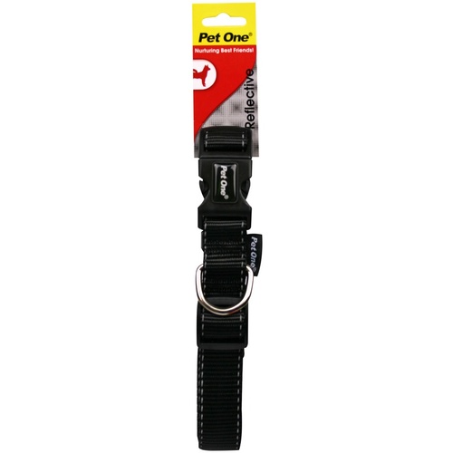 Pet One Reflective Adjustable Nylon Dog Collar - 24-37cm (15mm) - Black