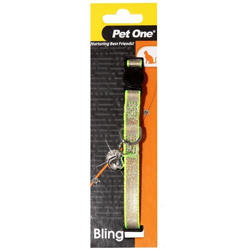 Pet One Breakaway Clip Bling Sparkle Cat Collar - 30cm x 10mm - Green/Gold